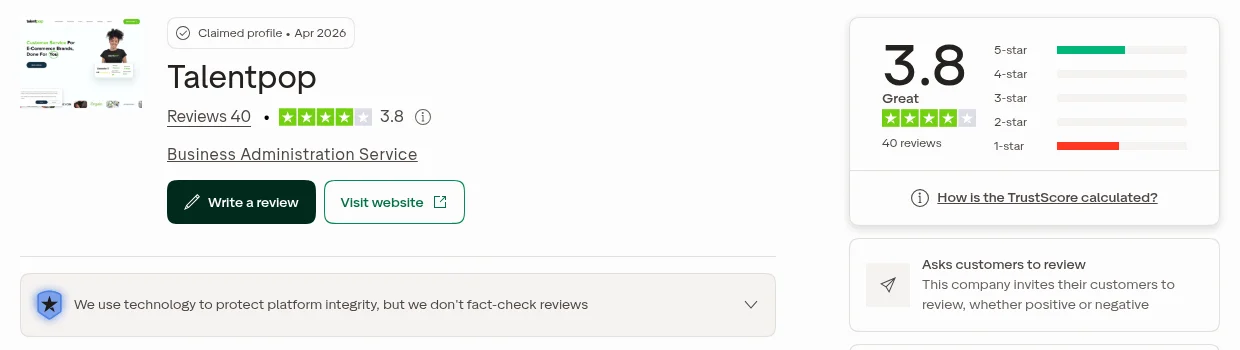 Perfil da TalentPop no Trustpilot mostrando um TrustScore de 3,8 com 40 avaliações, um perfil reivindicado desde abril de 2026 e uma distribuição de notas concentrada em avaliações de 5 e 1 estrela, retirada do Trustpilot