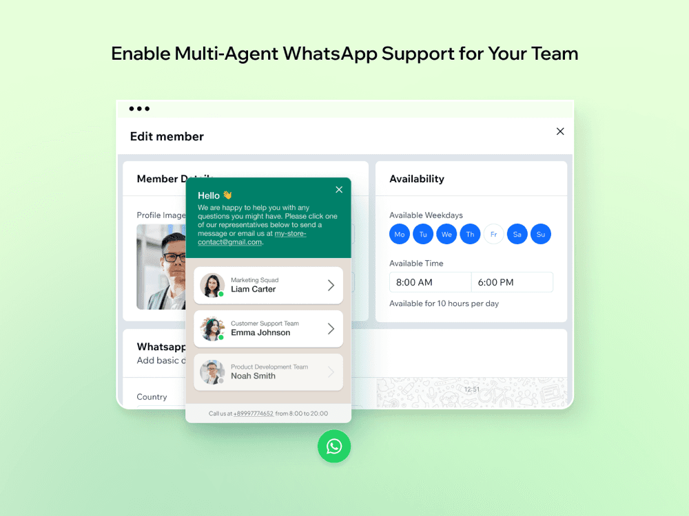 The Edit member screen with profile image, WhatsApp number fields and an Availability panel set to selected weekdays from 8:00 AM to 6:00 PM, with the agent picker open on top, as taken from the Wix App Market listing