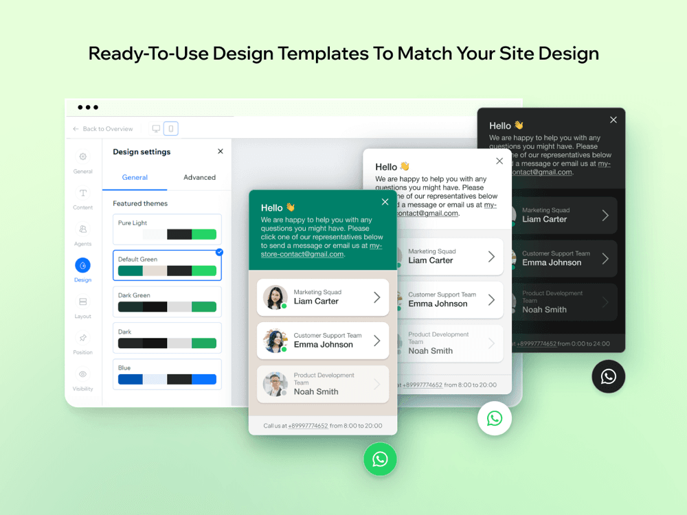 The Design settings panel with featured themes Pure Light, Default Green, Dark Green, Dark and Blue, next to green, white and black versions of the agent widget, as taken from the Wix App Market listing