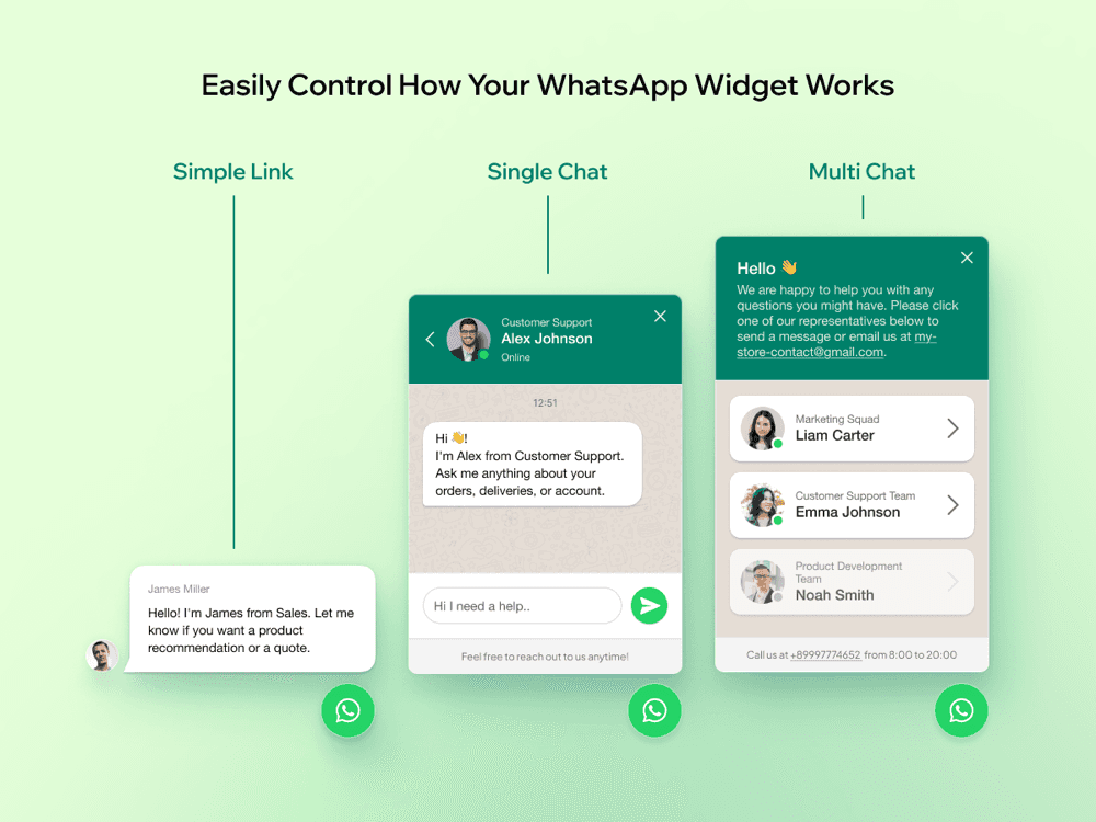 Three widget modes side by side, Simple Link with a speech bubble, Single Chat with one agent and a message box, and Multi Chat with three agents and a call-us line, as taken from the Wix App Market listing