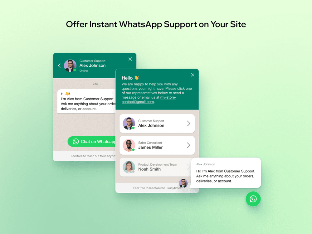 The MarketPush WhatsApp widget showing a Hello greeting, three representatives with roles and online dots, a single-agent chat window and a floating green button, as taken from the Wix App Market listing