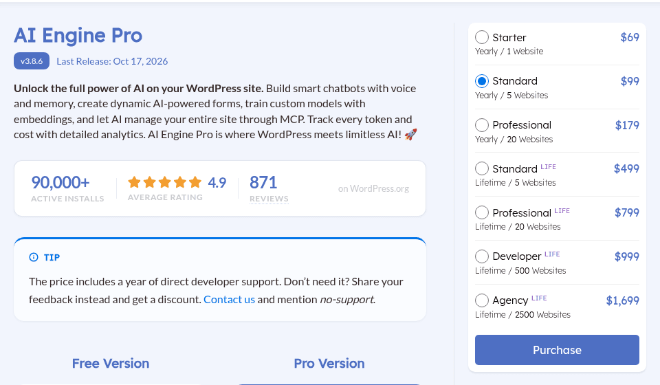 The AI Engine Pro license picker on meowapps.com showing Starter $69, Standard $99 and Professional $179 yearly, then Standard, Professional, Developer and Agency lifetime licenses from $499 to $1,699, as taken from the AI Engine Pro page at meowapps.com