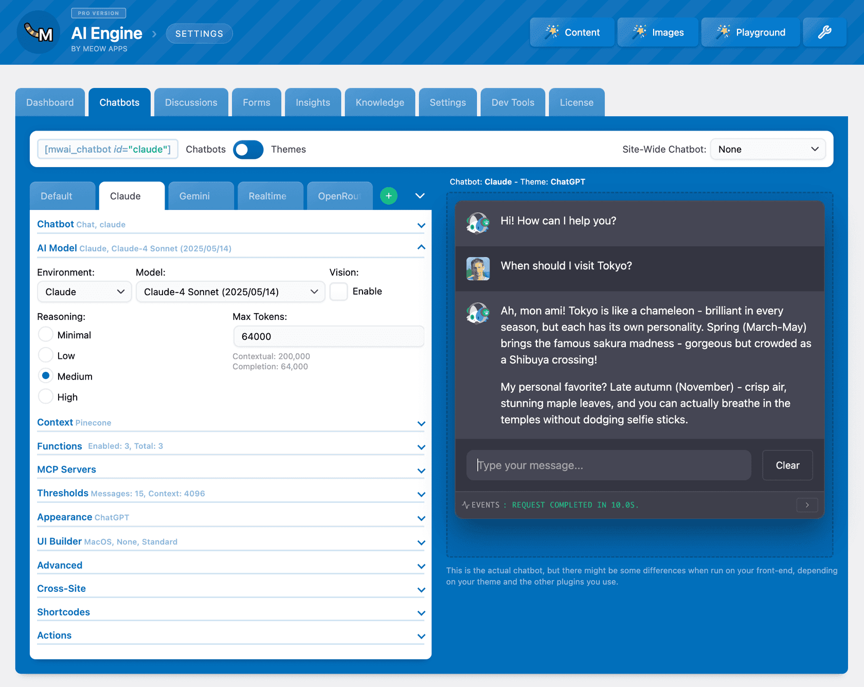 AI Engine chatbot settings in wp-admin, with the Claude environment and model picked, reasoning set to medium, Max Tokens at 64,000 and a live preview of the chatbot answering a Tokyo travel question, as taken from the AI Engine listing on WordPress.org