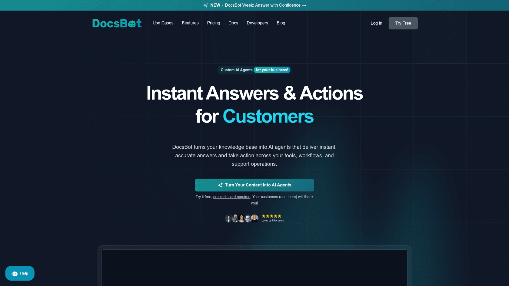 The DocsBot homepage with the headline Instant Answers and Actions for Customers and a Try Free button, as taken from the DocsBot site