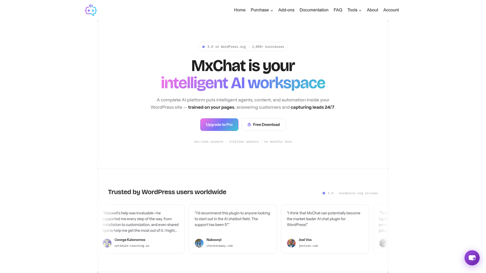 The MxChat homepage with the headline MxChat is your intelligent AI workspace, a Free Download button, an Upgrade to Pro button and WordPress.org review cards, as taken from the MxChat site