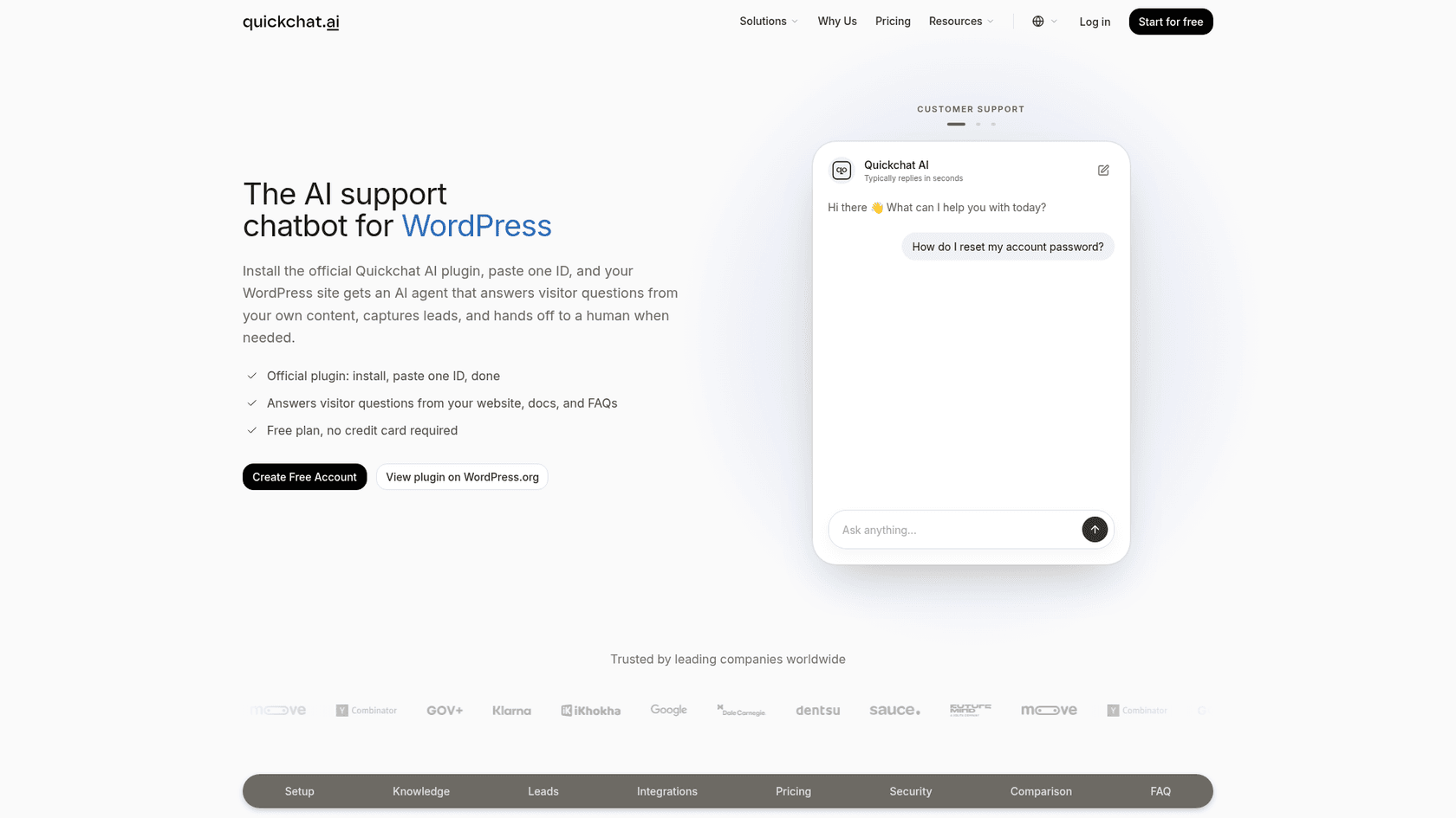 The Quickchat AI page for WordPress with the headline The AI support chatbot for WordPress and a sample chat window, as taken from the Quickchat site