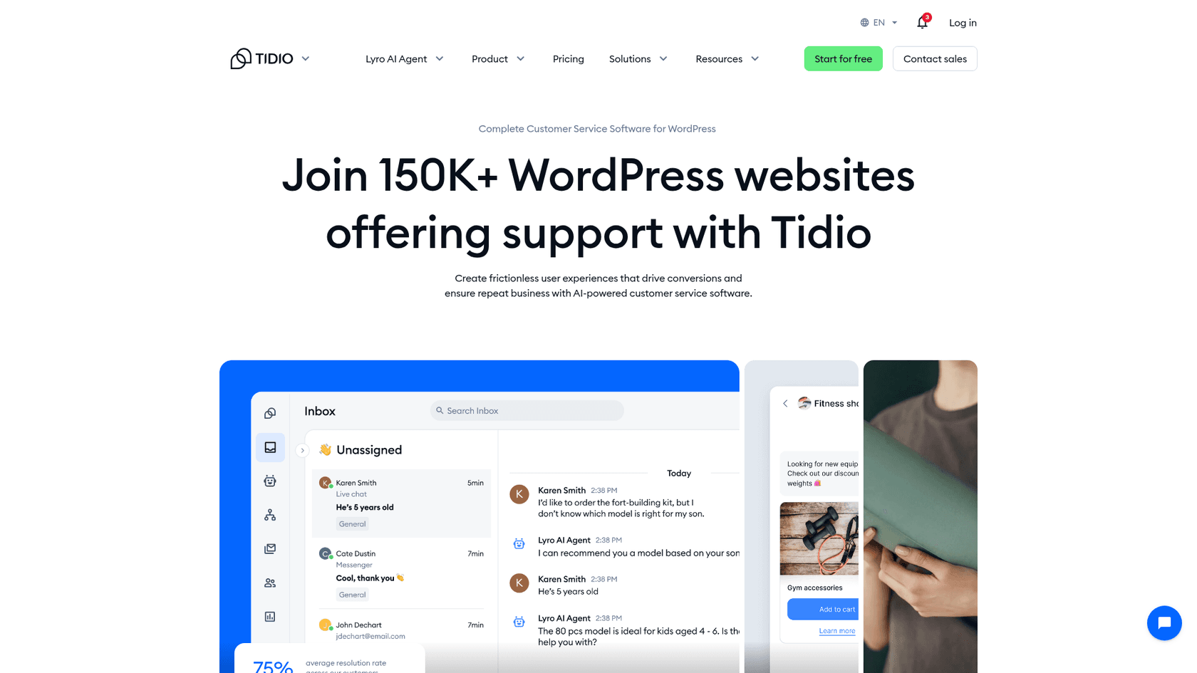The Tidio WordPress page with the headline Join 150K+ WordPress websites offering support with Tidio and an inbox where the Lyro AI agent answers a shopper, as taken from the Tidio site