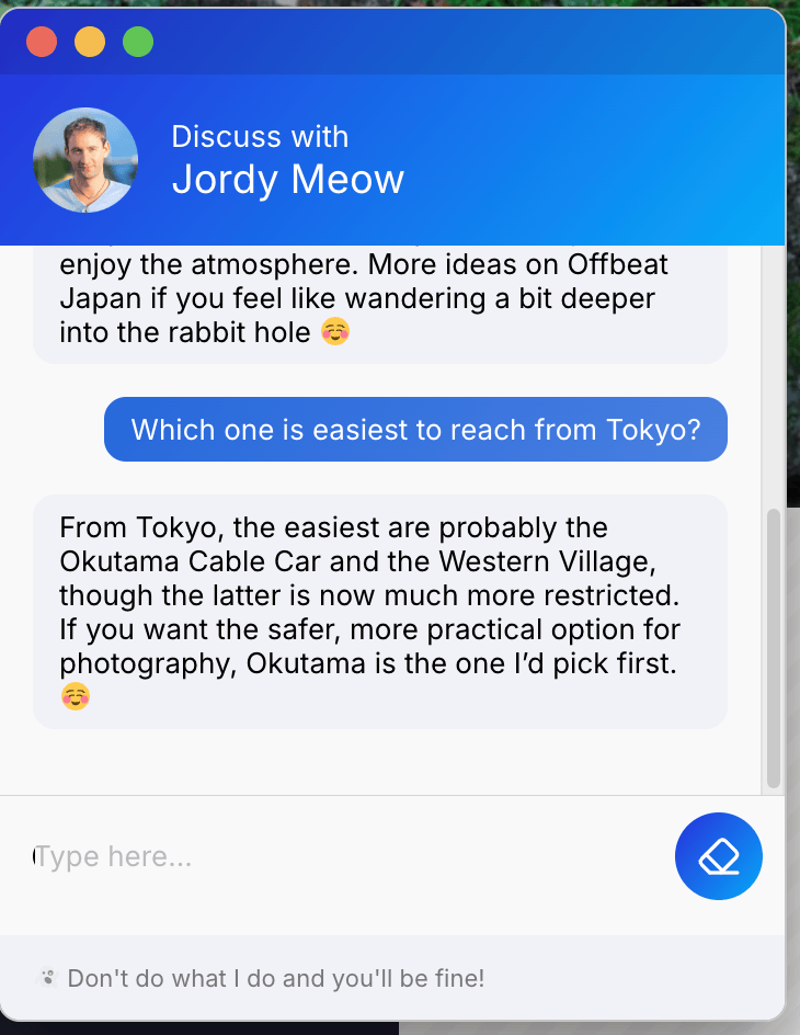 An AI Engine chatbot window on a live WordPress photography site, answering a visitor who asked which location is easiest to reach from Tokyo, as taken from Meow Apps