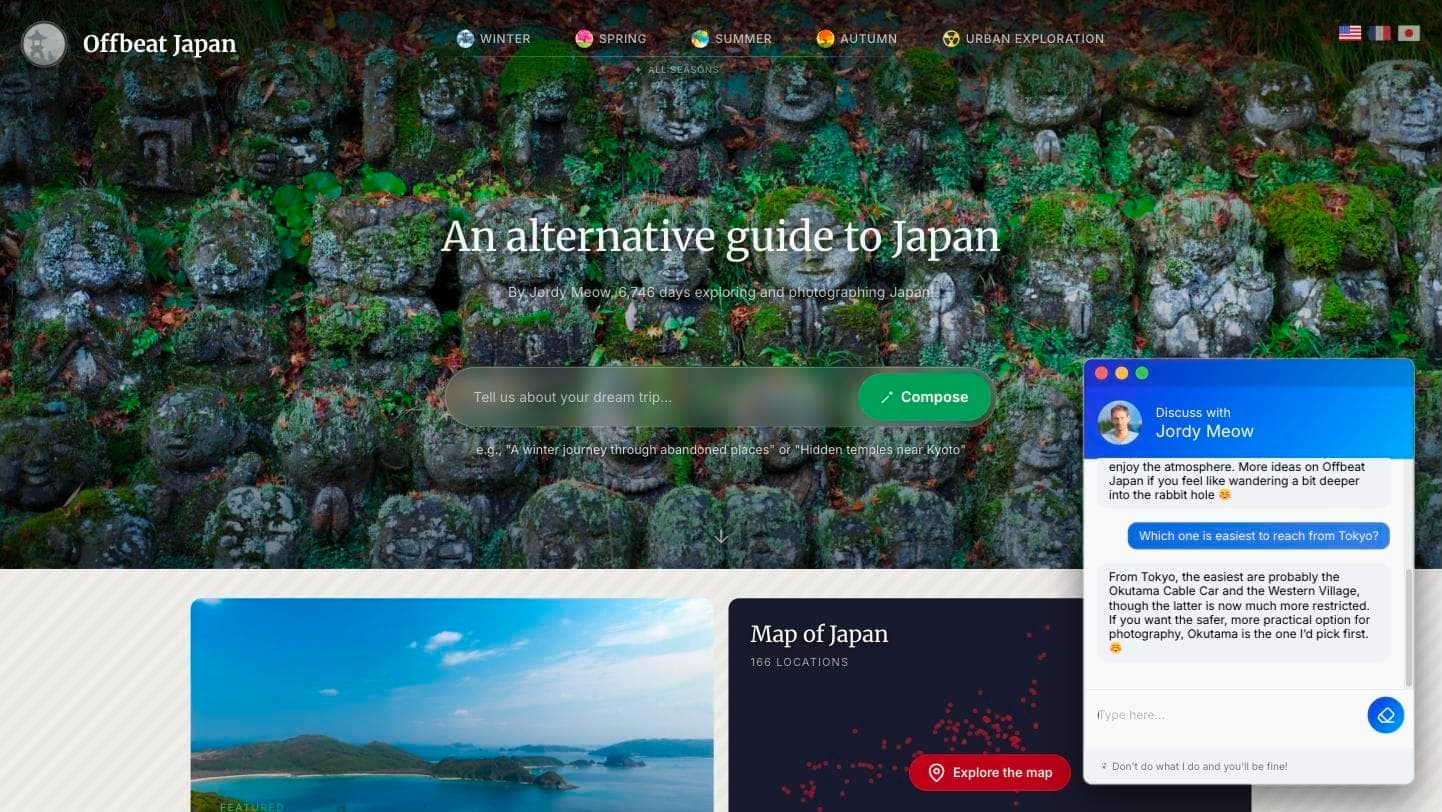 An AI Engine chatbot window open on a photography site, answering a visitor who asked which location is easiest to reach from Tokyo, as taken from Meow Apps