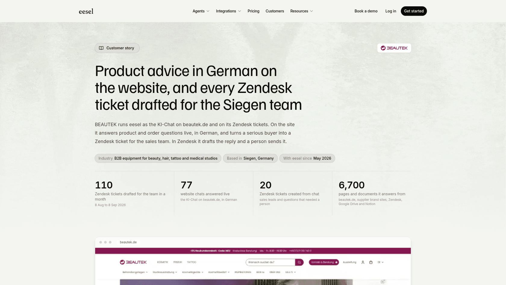 The BEAUTEK customer story on eesel.ai showing the headline product advice in German on the website and every Zendesk ticket drafted, with 110 tickets drafted, 77 website chats answered live and 20 tickets created from chat, as taken from eesel