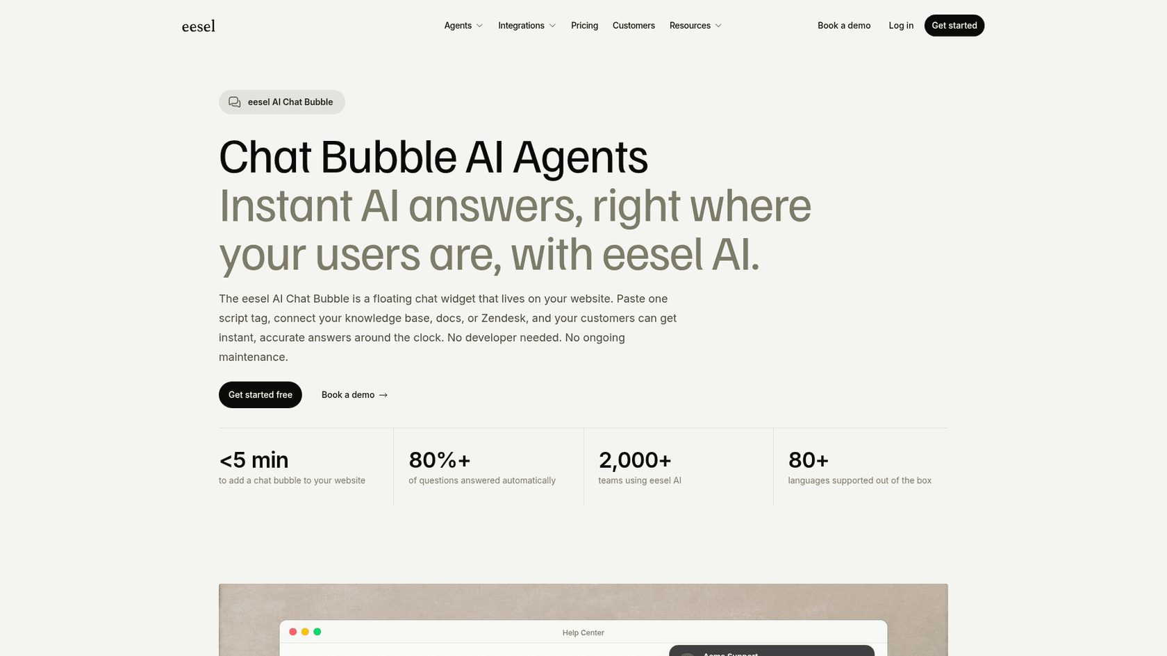 The eesel AI Chat Bubble page showing the headline Instant AI answers right where your users are, with under 5 minutes to add a chat bubble, 80% or more of questions answered automatically and 80+ languages supported, as taken from eesel