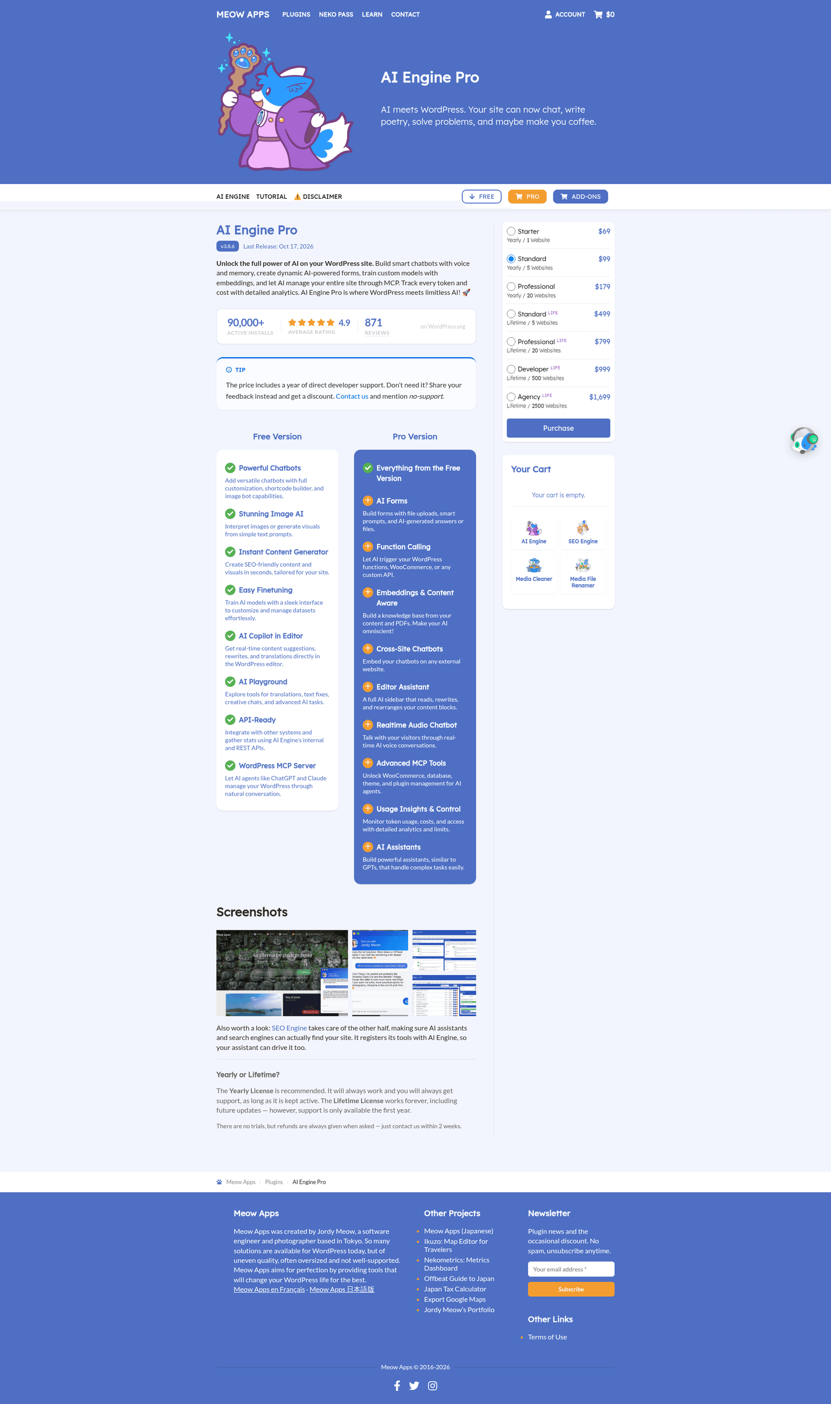 The AI Engine Pro page on meowapps.com with the plan selector showing Starter at $69, Standard at $99, Professional at $179 and lifetime plans from $499 to $1,699, beside the Free and Pro feature lists, as taken from Meow Apps