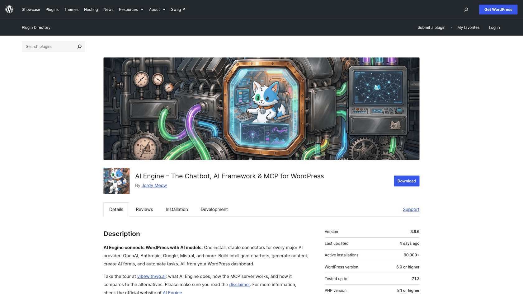 The AI Engine plugin page on WordPress.org showing version 3.8.6, last updated four days earlier, 90,000+ active installations, tested up to WordPress 7.1.3 and PHP 8.1 or higher, as taken from WordPress.org