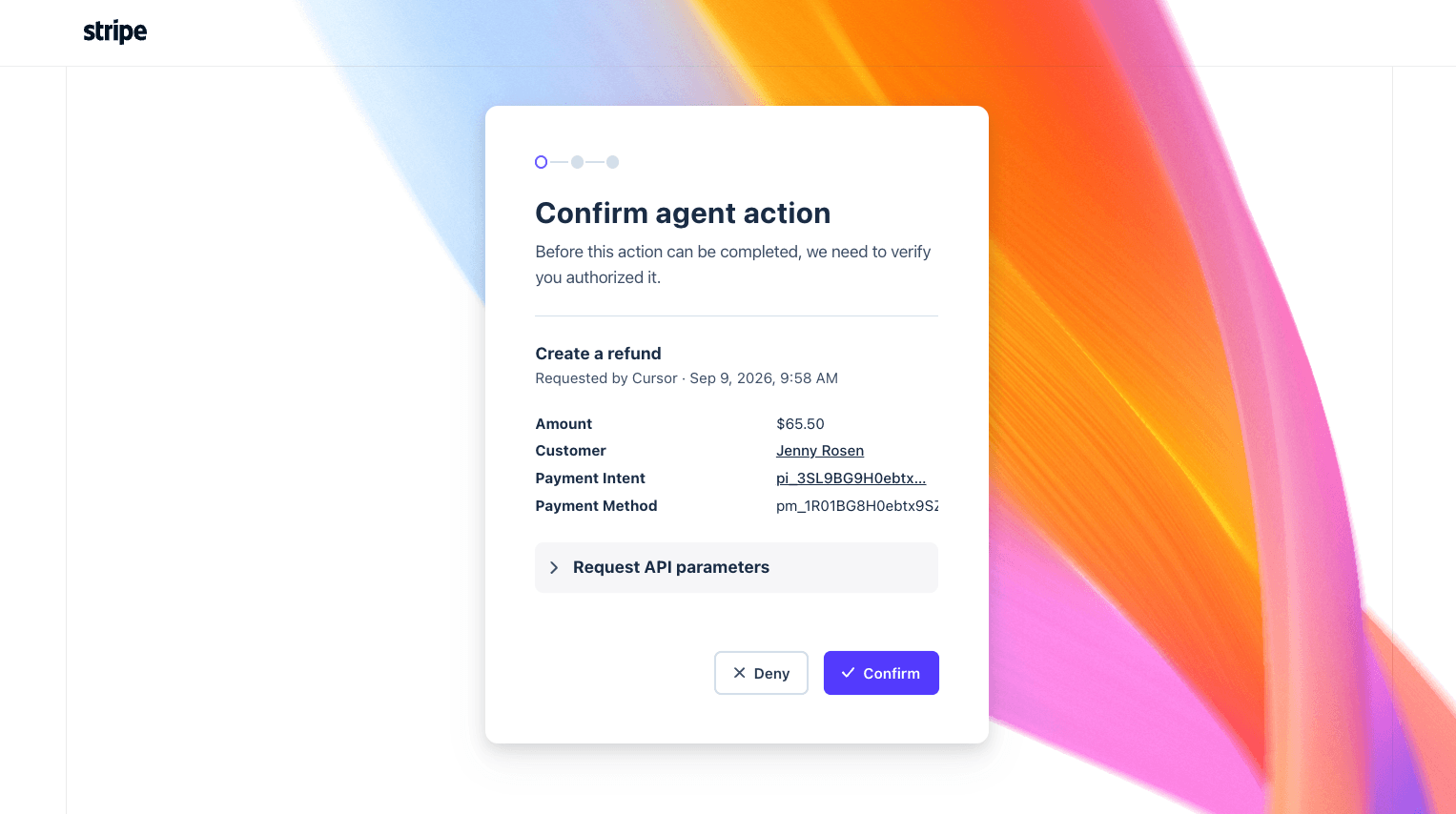 Stripe confirm agent action screen for a $65.50 refund requested by an AI coding agent, with Deny and Confirm buttons, as taken from Stripe docs