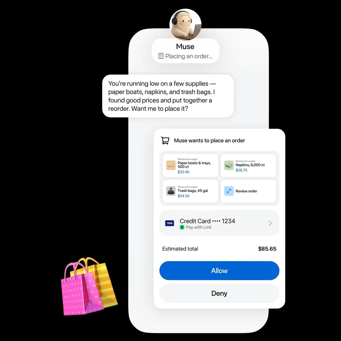 Muse asking to place a restaurant supply order for paper boats, napkins and trash bags with an estimated total of $85.65, paid with Link, with Allow and Deny buttons, as taken from muse.ai