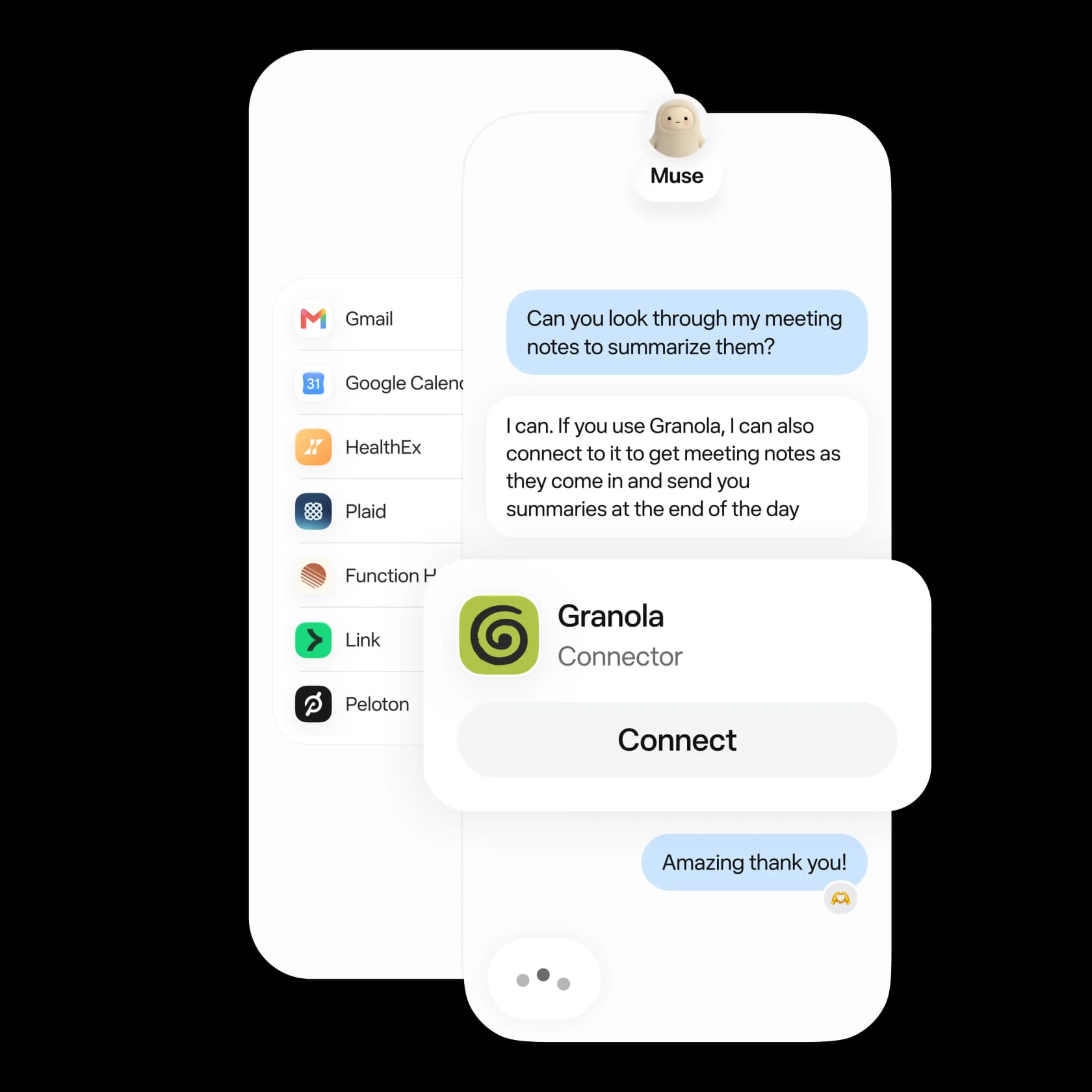 Muse chat offering to connect Granola for meeting-note summaries, next to a connector list with Gmail and Google Calendar, as taken from the Muse Connector Platform page on muse.ai