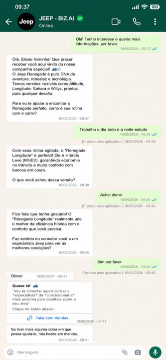 Jeep Business Agent conversation on WhatsApp recommending a Renegade trim and offering to connect the buyer to a sales specialist, as taken from WhatsApp Business's Stellantis case study