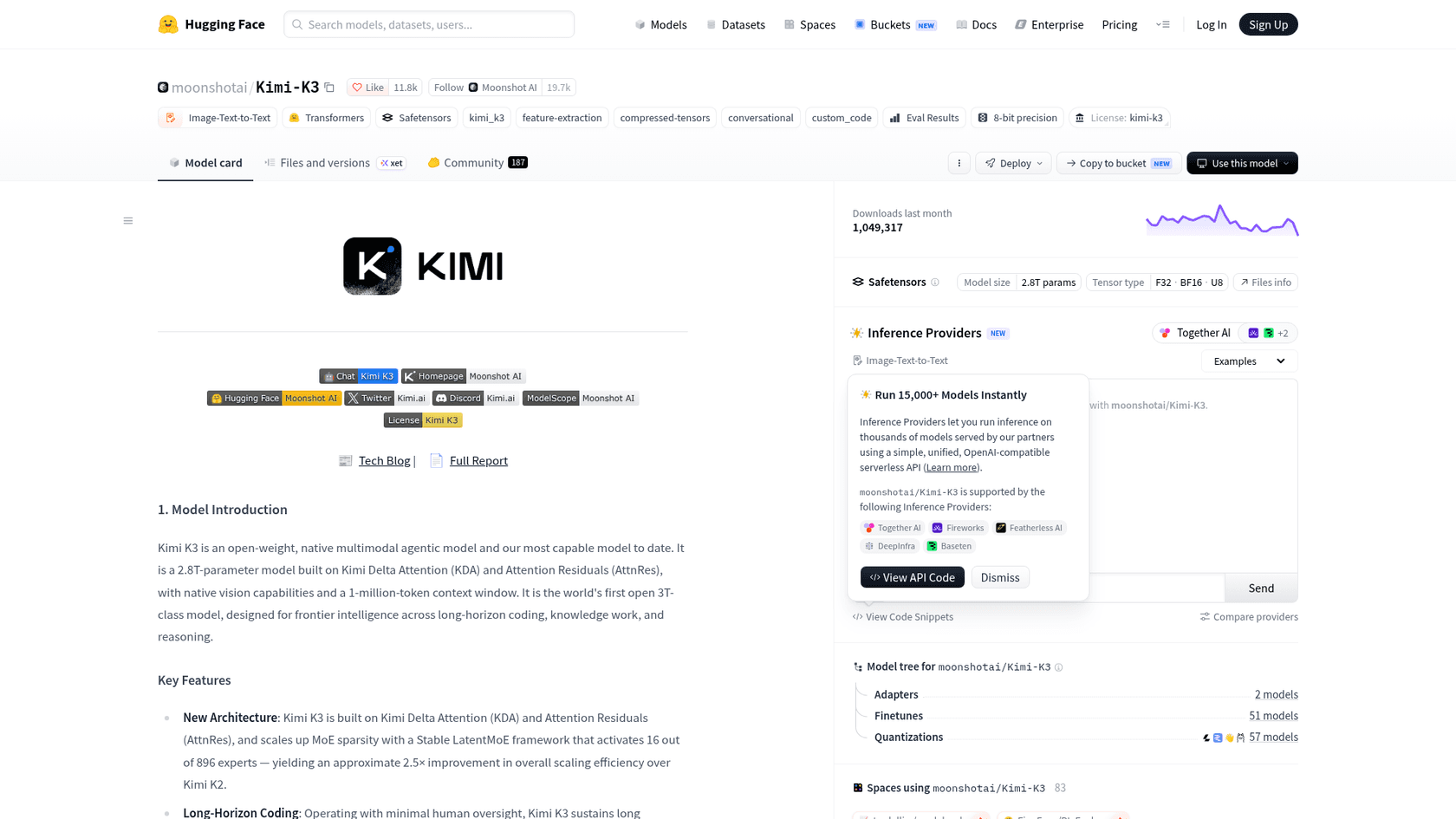 Página do modelo Kimi K3 no Hugging Face, mostrando a etiqueta da Kimi K3 License, 2,8T de parâmetros e a introdução do modelo, conforme extraído do Hugging Face