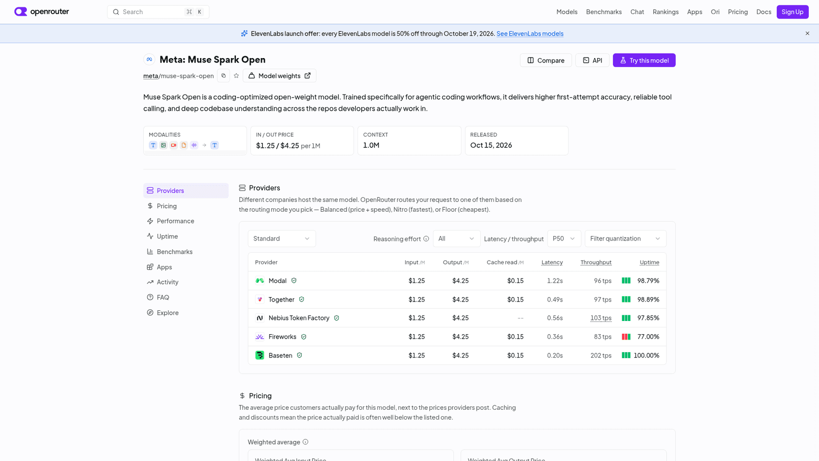 OpenRouter's Muse Spark Open page listing Modal, Together, Nebius, Fireworks and Baseten all at $1.25 input and $4.25 output per million tokens, as taken from OpenRouter