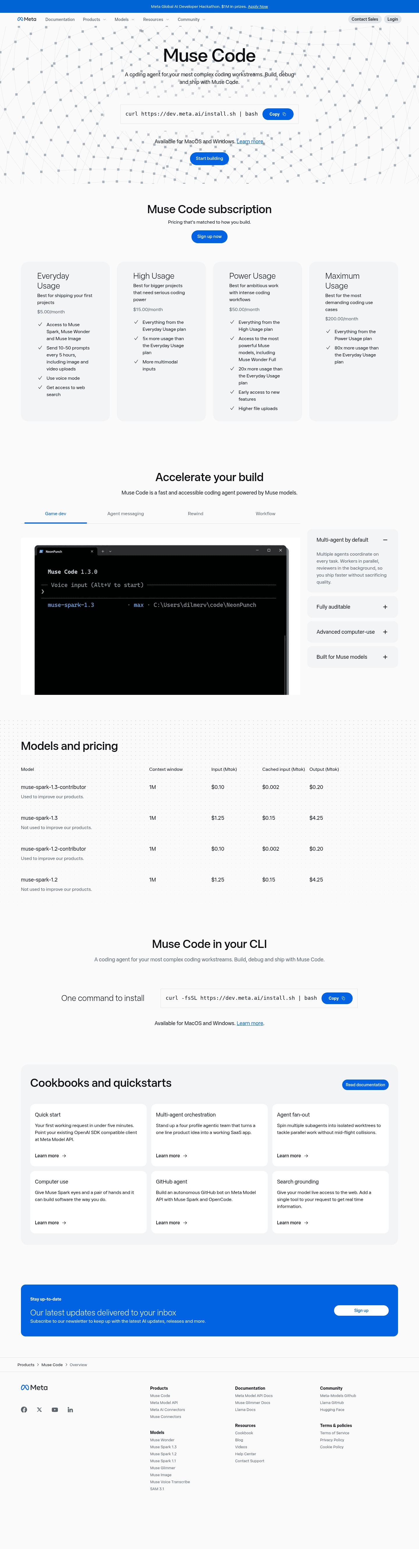 The Muse Code subscription page listing the Everyday, High, Power and Maximum usage plans at $5, $15, $50 and $200 a month, with Muse Wonder Full included from the Power plan, as taken from Meta's Muse Code page
