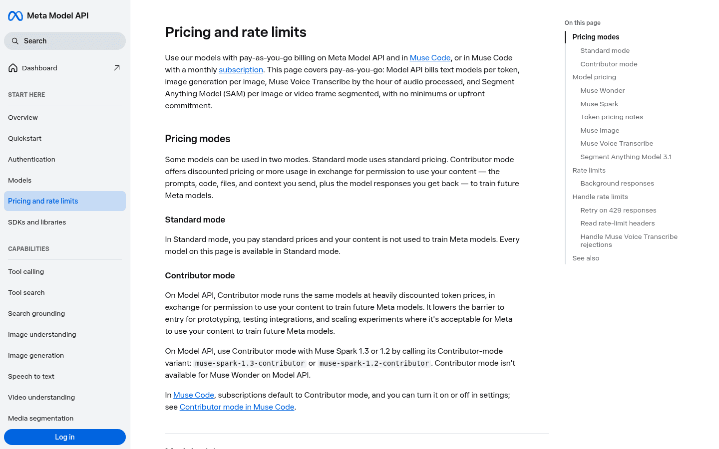 Meta's pricing and rate limits page explaining Standard mode and Contributor mode, as taken from the Meta Model API docs