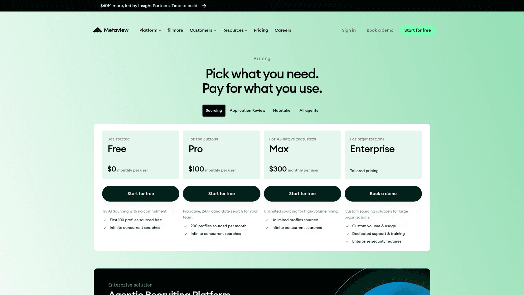 Metaview's Sourcing pricing tab with the Free, Pro, Max, and Enterprise tiers, as taken from Metaview
