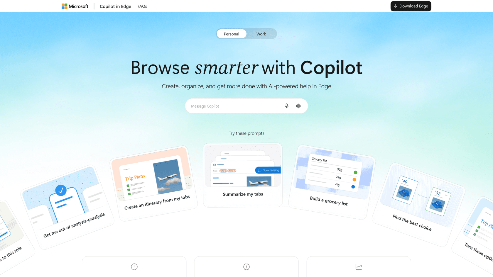 Microsoft's Copilot in Edge page with prompts for summarizing and comparing tabs, as taken from Microsoft