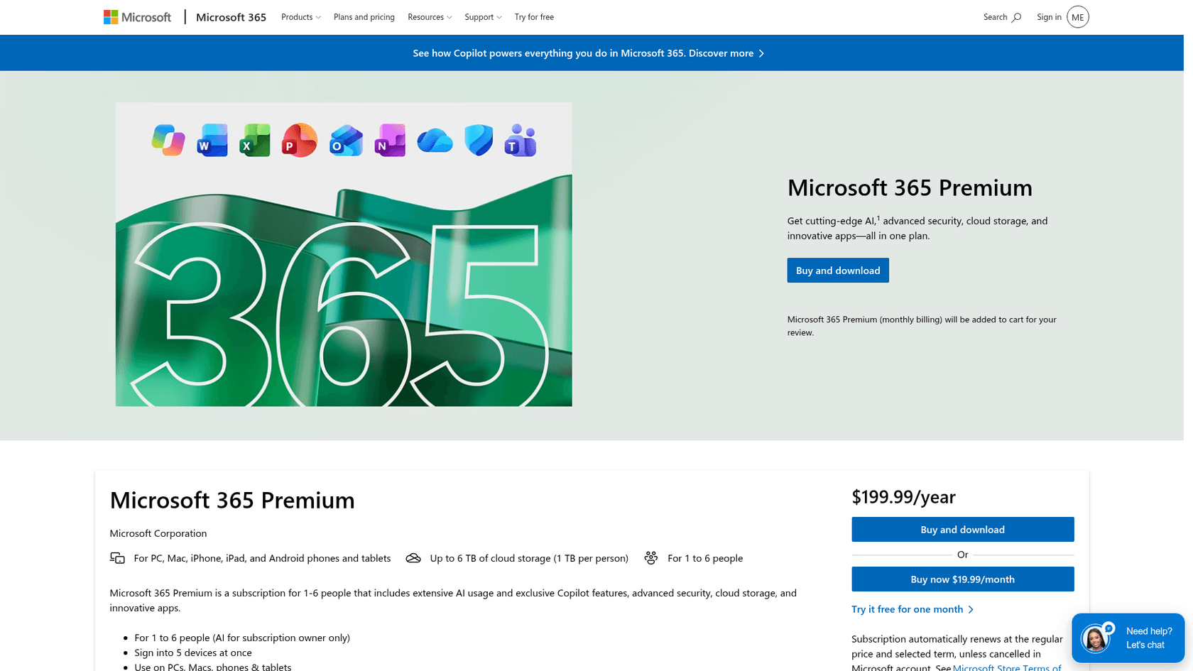Microsoft 365 Premium page showing $199.99 per year or $19.99 per month, as taken from Microsoft