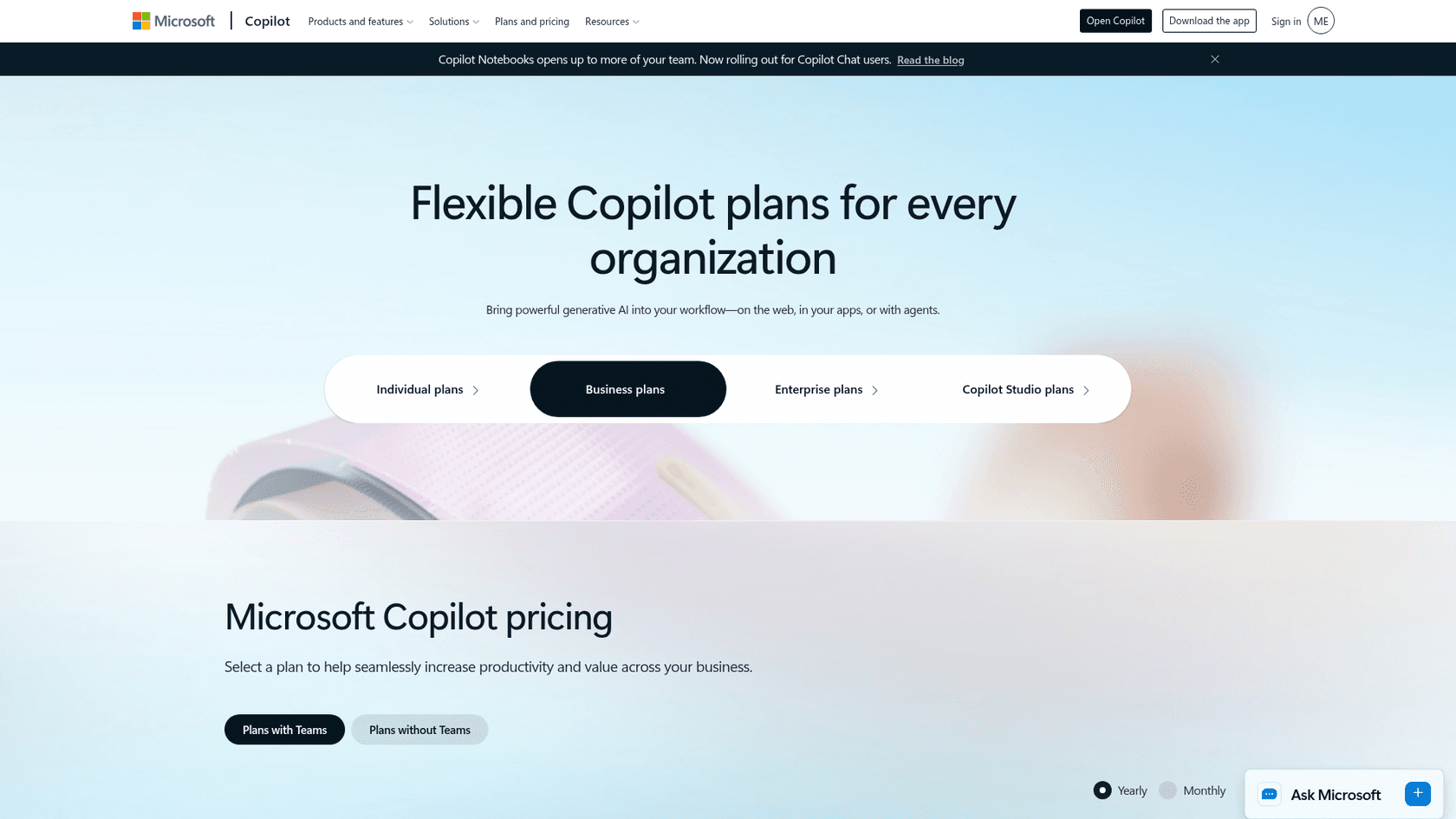 Microsoft Copilot pricing page with Individual, Business, Enterprise and Copilot Studio plan tabs, as taken from Microsoft