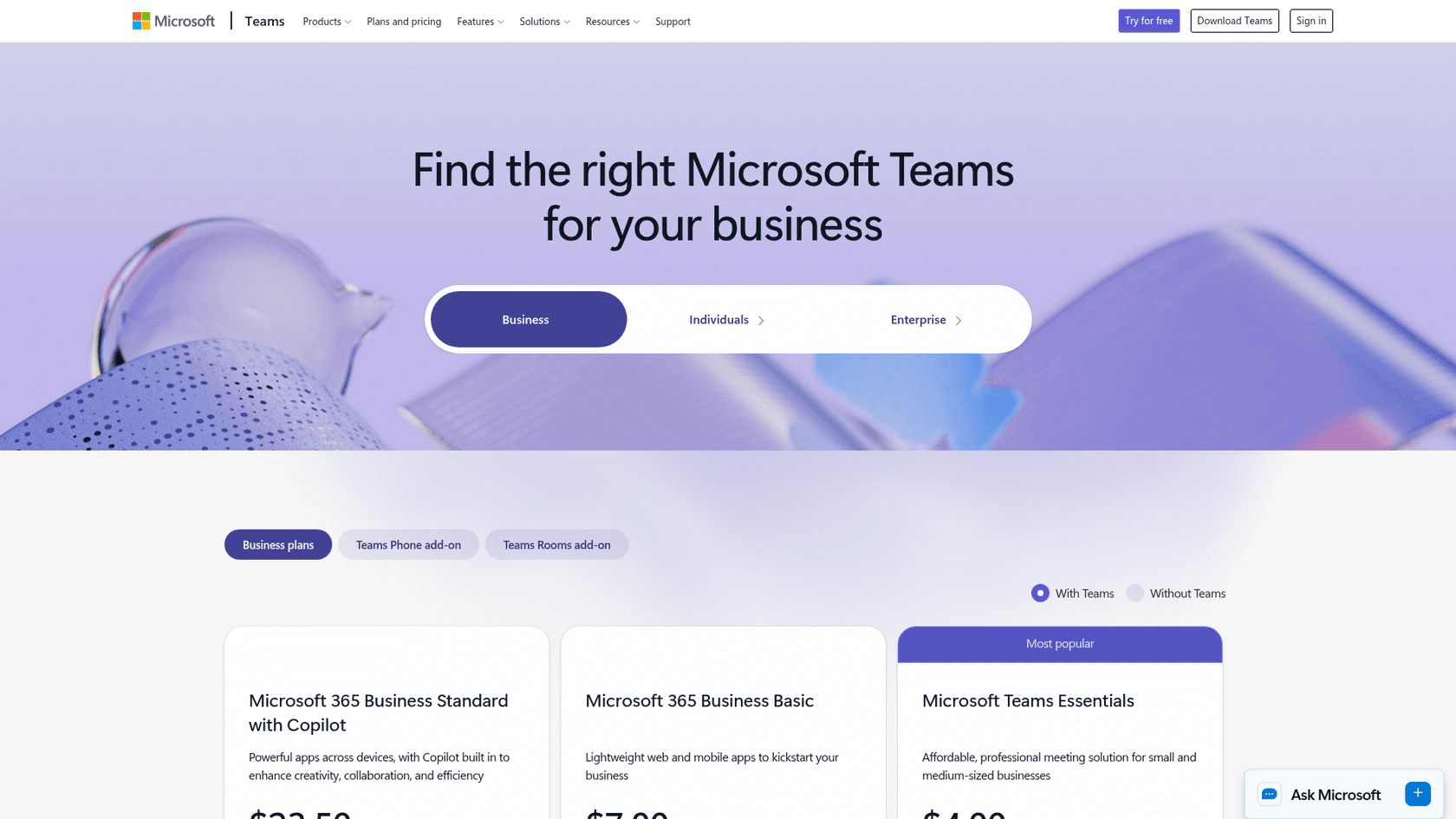 Microsoft's Teams business plans page listing Business Standard with Copilot, Business Basic, and Teams Essentials, as taken from Microsoft