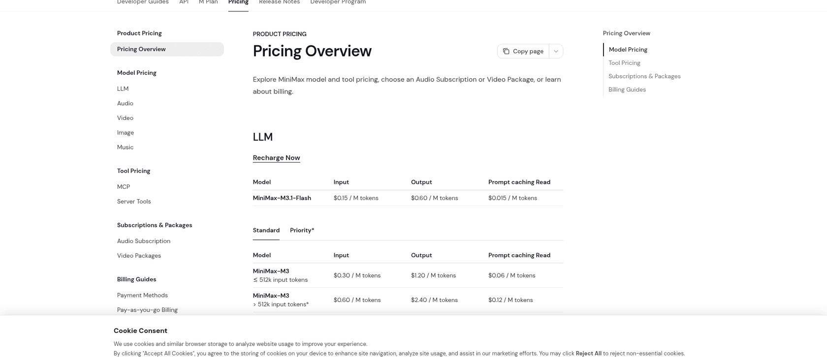 MiniMax's pricing page listing MiniMax-M3.1-Flash at $0.15 input, $0.60 output and $0.015 prompt caching read per million tokens, above MiniMax-M3's two context tiers, as taken from MiniMax