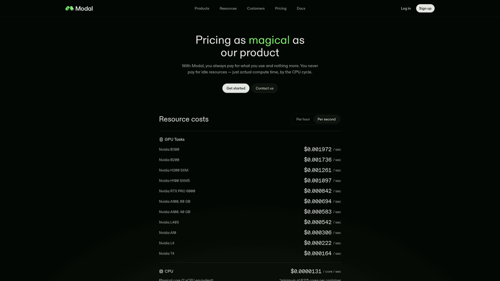 The Modal pricing page, listing per-second GPU and CPU rates, as taken from Modal