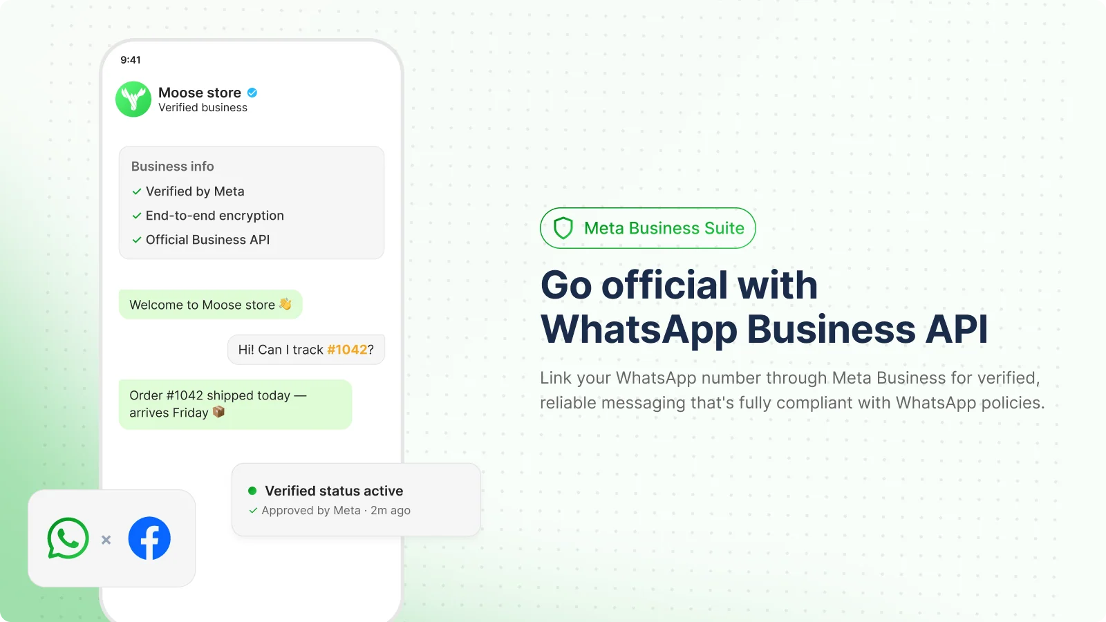 The vendor's gallery image titled Go official with WhatsApp Business API, showing a phone with a verified business profile, a customer asking to track order #1042, and a Verified status active card approved by Meta, as taken from the Shopify App Store listing