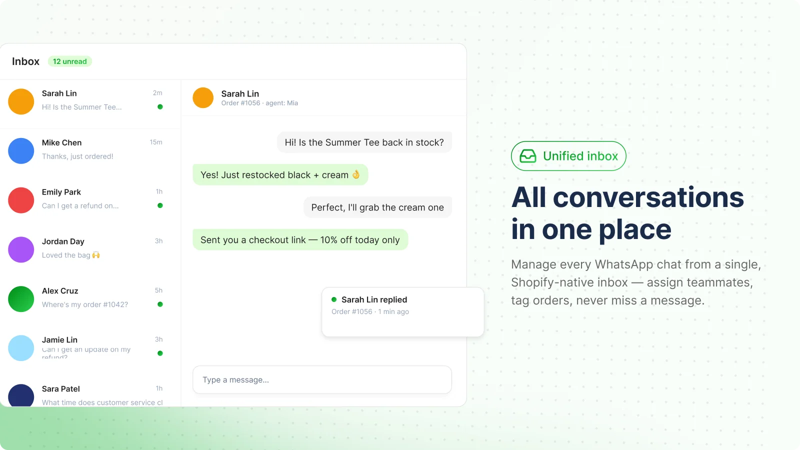 The vendor's gallery image titled All conversations in one place, showing a WhatsApp inbox with 12 unread chats, a conversation with Sarah Lin tagged to order #1056 and agent Mia, and replies about a restocked tee and a checkout link, as taken from the Shopify App Store listing
