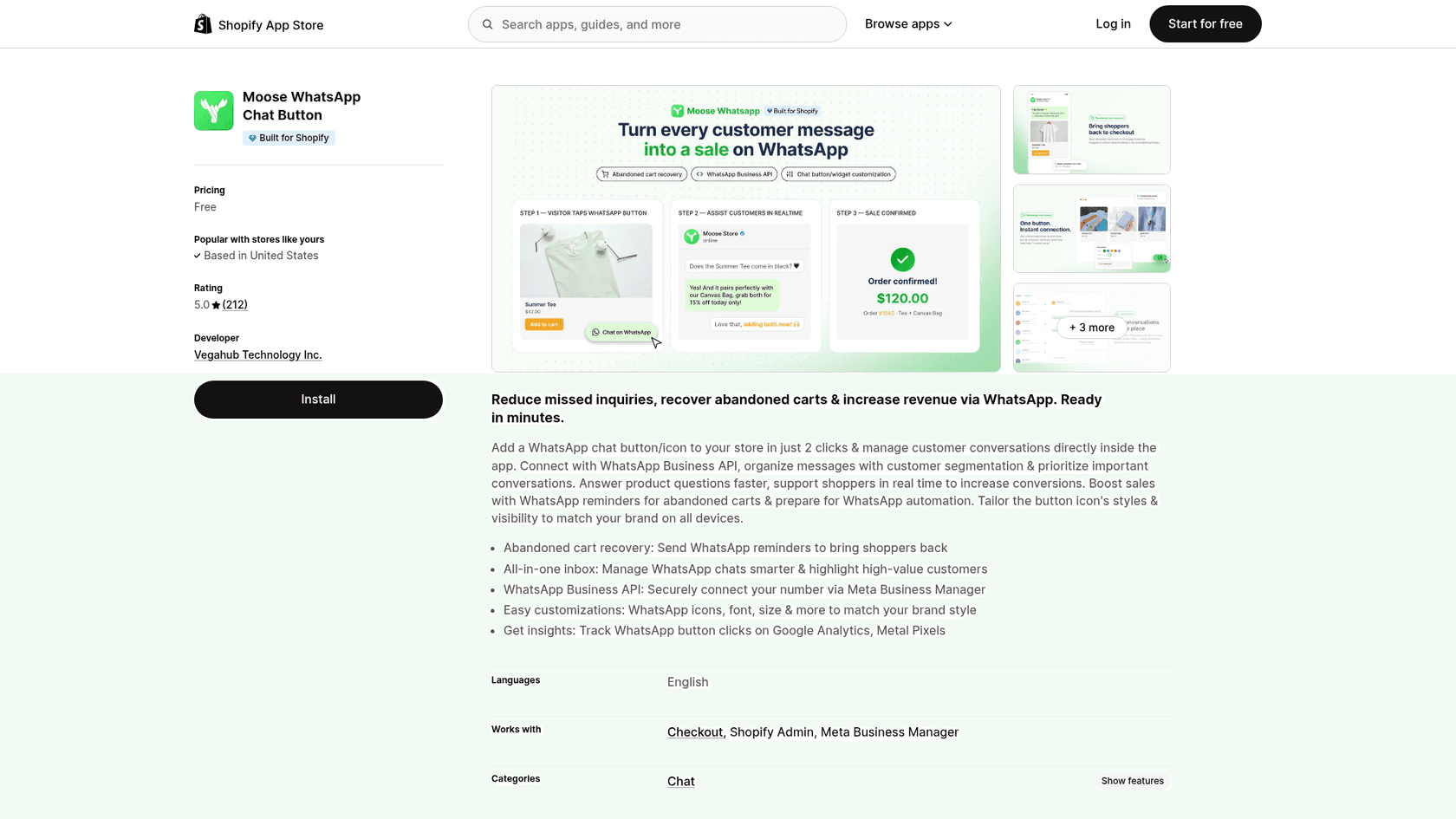 The Moose WhatsApp Chat Button listing on the Shopify App Store, showing the Built for Shopify badge, pricing Free, a 5.0 rating from 212 reviews, developer Vegahub Technology Inc., and a gallery image titled Turn every customer message into a sale on WhatsApp, as taken from the Shopify App Store