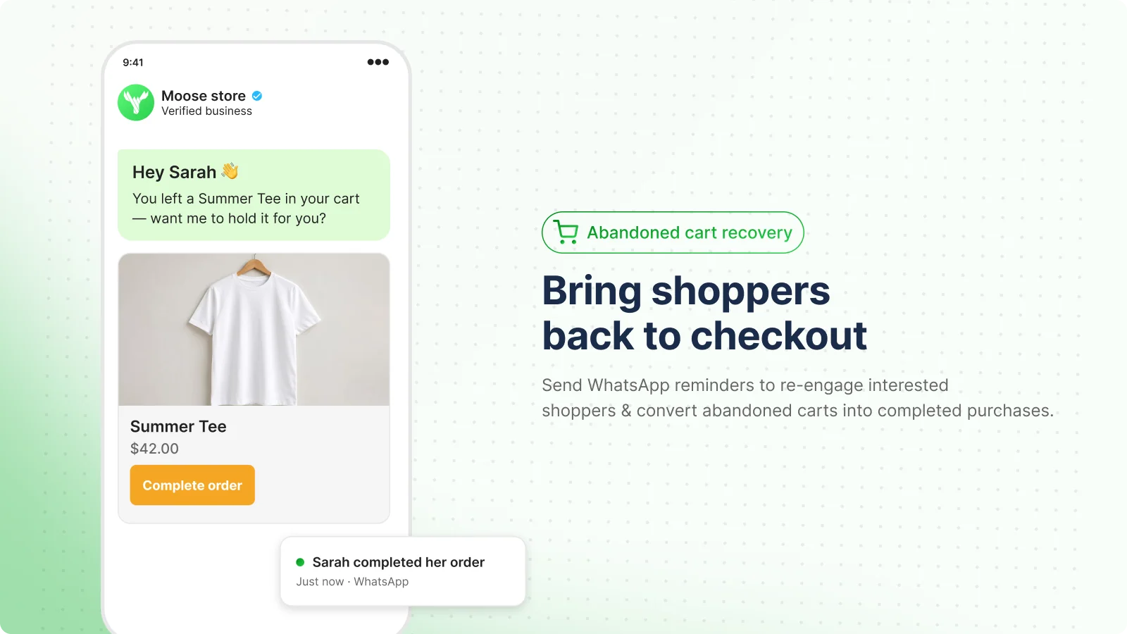 The vendor's gallery image titled Bring shoppers back to checkout, showing a WhatsApp message saying You left a Summer Tee in your cart, a product card at $42.00 with a Complete order button, and a note that Sarah completed her order, as taken from the Shopify App Store listing