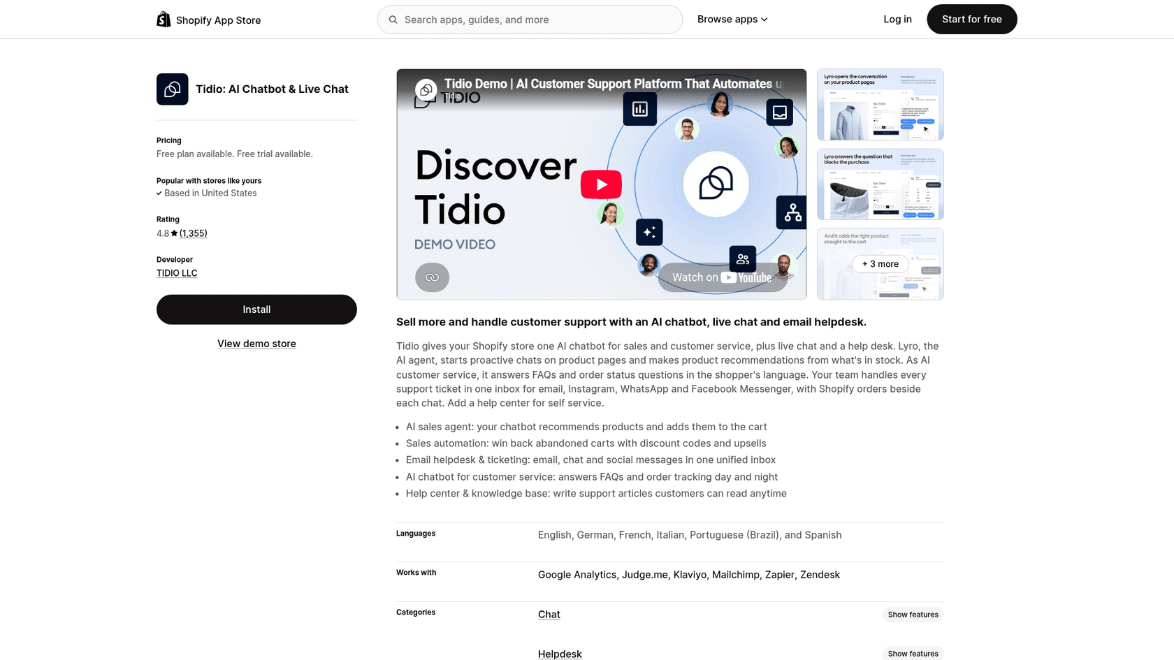 The Tidio listing on the Shopify App Store with its 4.8 rating, a demo video and the line Sell more and handle customer support with an AI chatbot, live chat and email helpdesk, as taken from the Shopify App Store