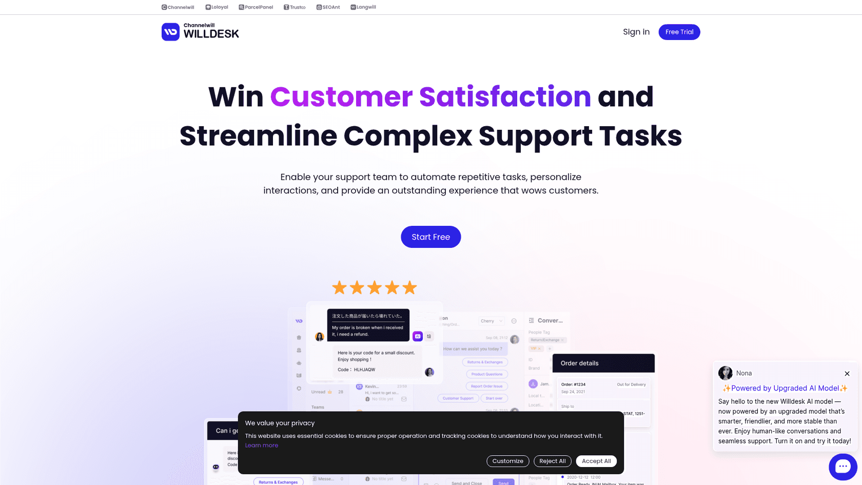 The Willdesk homepage with the headline Win Customer Satisfaction and Streamline Complex Support Tasks, a Start Free button and a product view of the inbox with a refund request, tagged replies and an order details panel, as taken from Willdesk