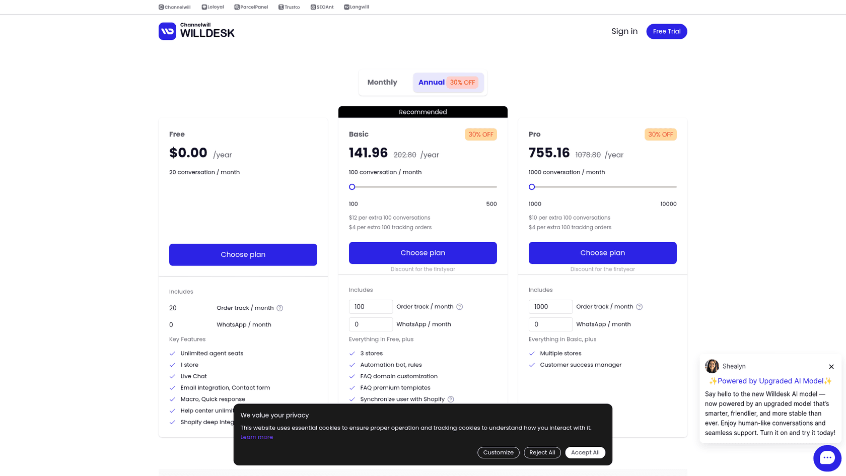 The Willdesk pricing page with annual billing at 30% off, showing Free at $0 for 20 conversations a month, Basic at $141.96 a year for 100 conversations and Pro at $755.16 a year for 1,000 conversations, with overage prices per 100 conversations and tracked orders, as taken from Willdesk