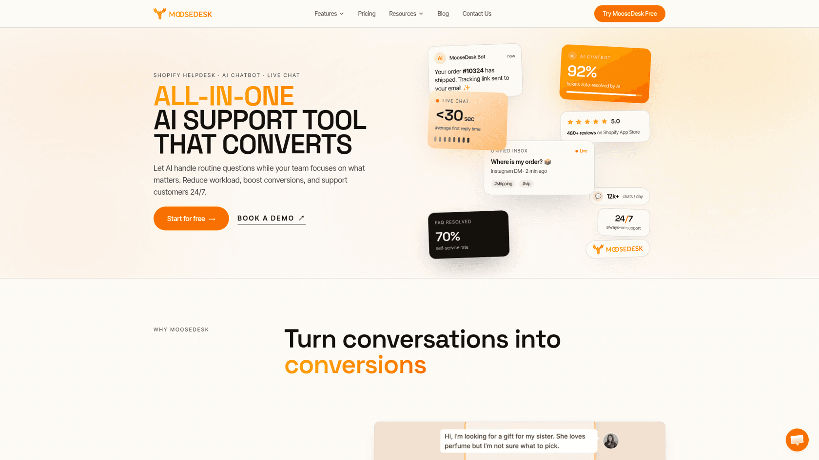 The MooseDesk homepage with the headline All-in-one AI support tool that converts, and cards showing an order shipped message, a 92% tickets auto-resolved by AI figure, a 5.0 rating from 480+ reviews and a unified inbox, as taken from MooseDesk