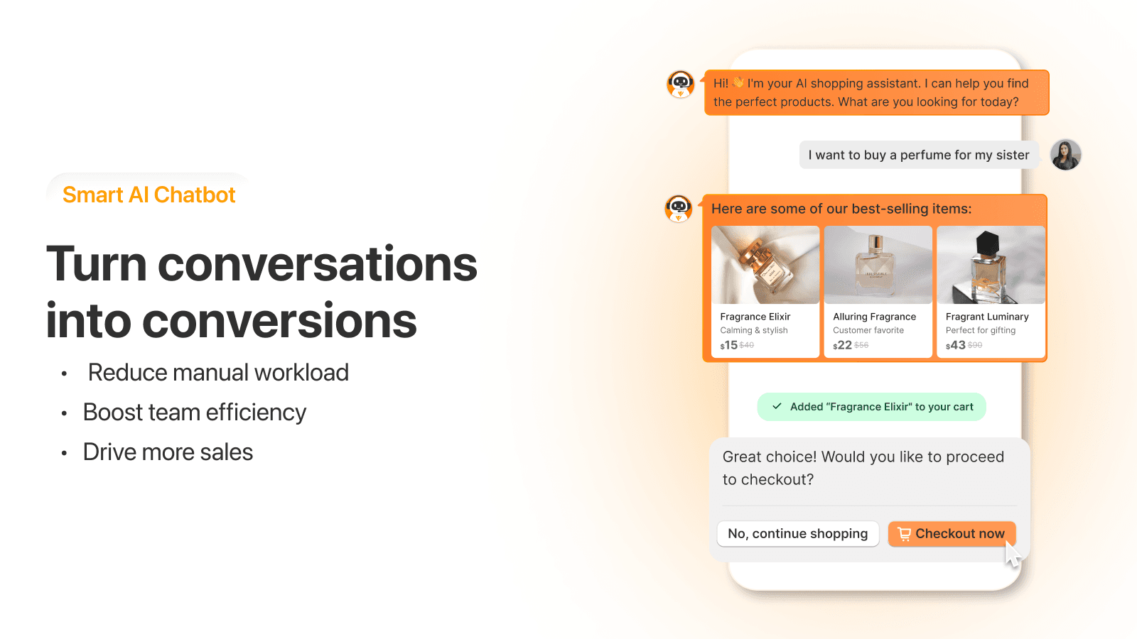 MooseDesk AI chatbot recommending three perfume products as cards with a checkout button, as taken from the Shopify App Store