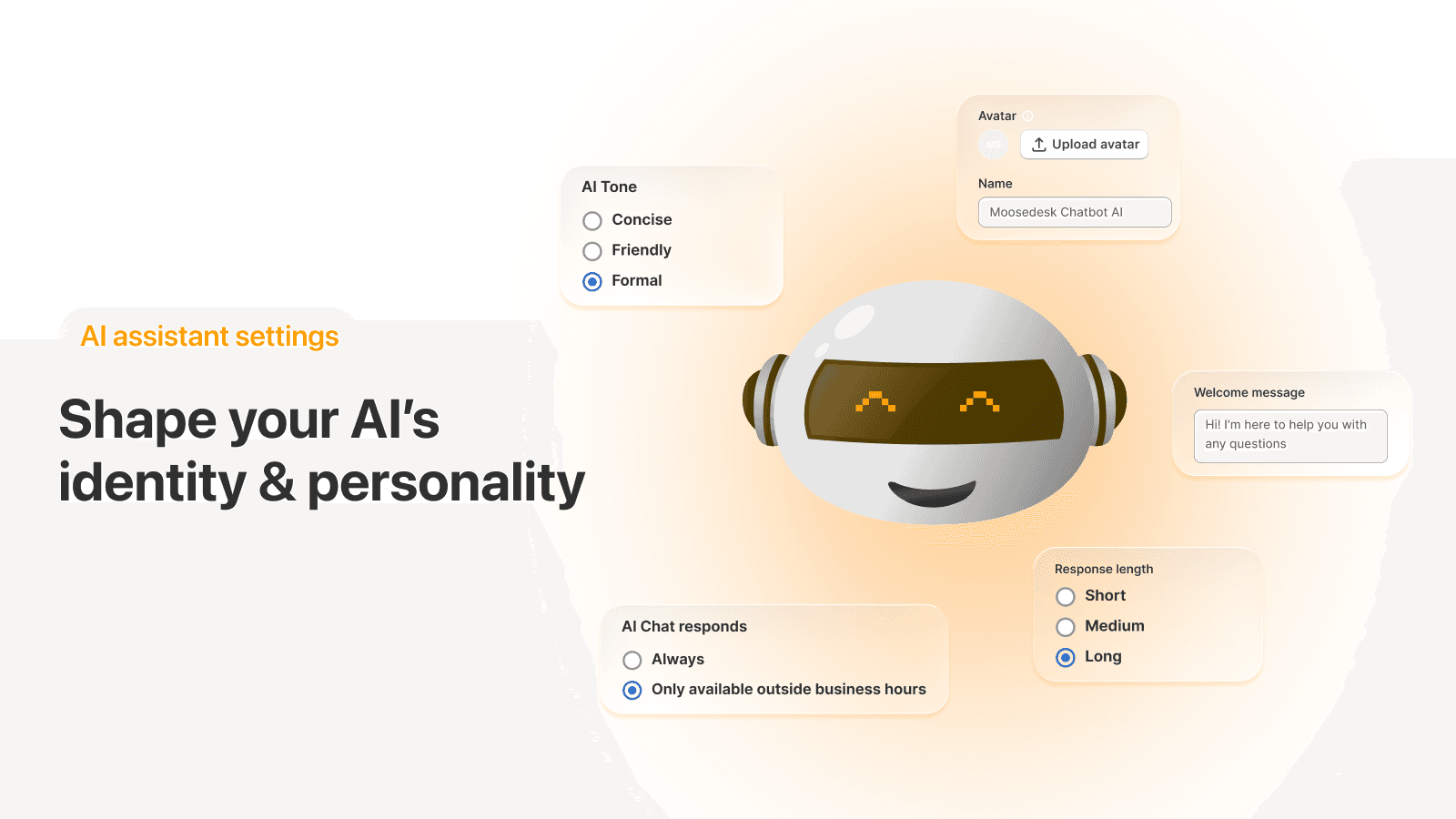 MooseDesk's AI assistant settings graphic with tone options of concise, friendly or formal, response length short, medium or long, AI chat responds always or only outside business hours, an avatar upload and a welcome message, as taken from the Shopify App Store