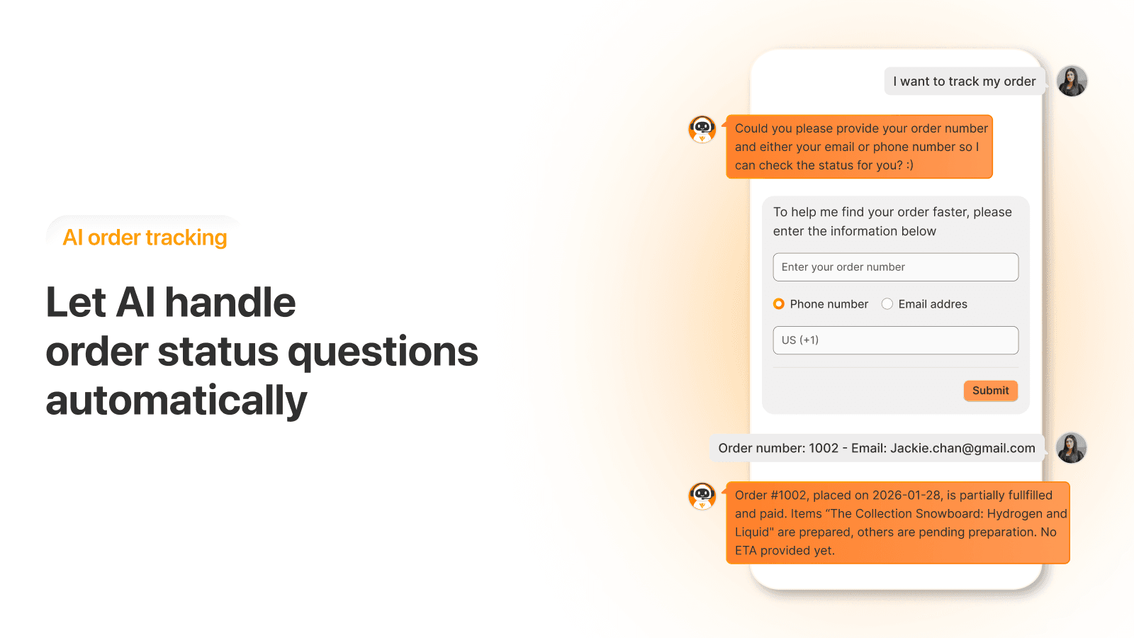 MooseDesk's AI order tracking graphic where a shopper asks to track an order, the bot asks for an order number and email, and replies that order 1002 is partially fulfilled and paid with some items pending preparation, as taken from the Shopify App Store