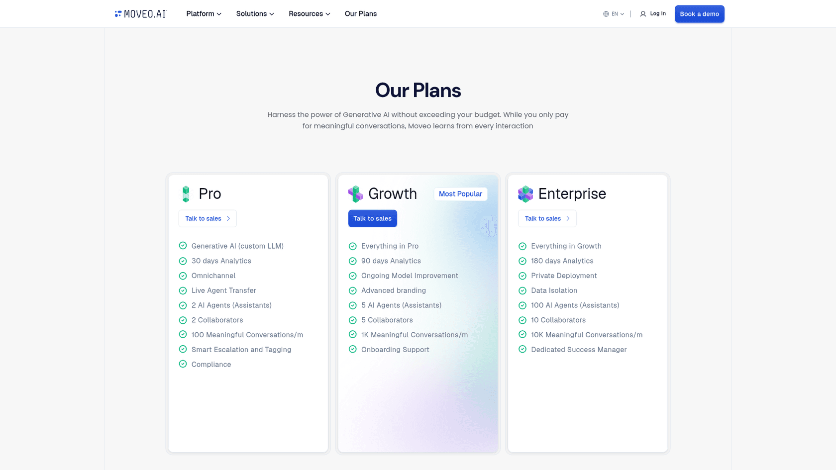 Moveo AI plans page showing Pro, Growth, and Enterprise tiers with Talk to sales buttons, as taken from Moveo AI