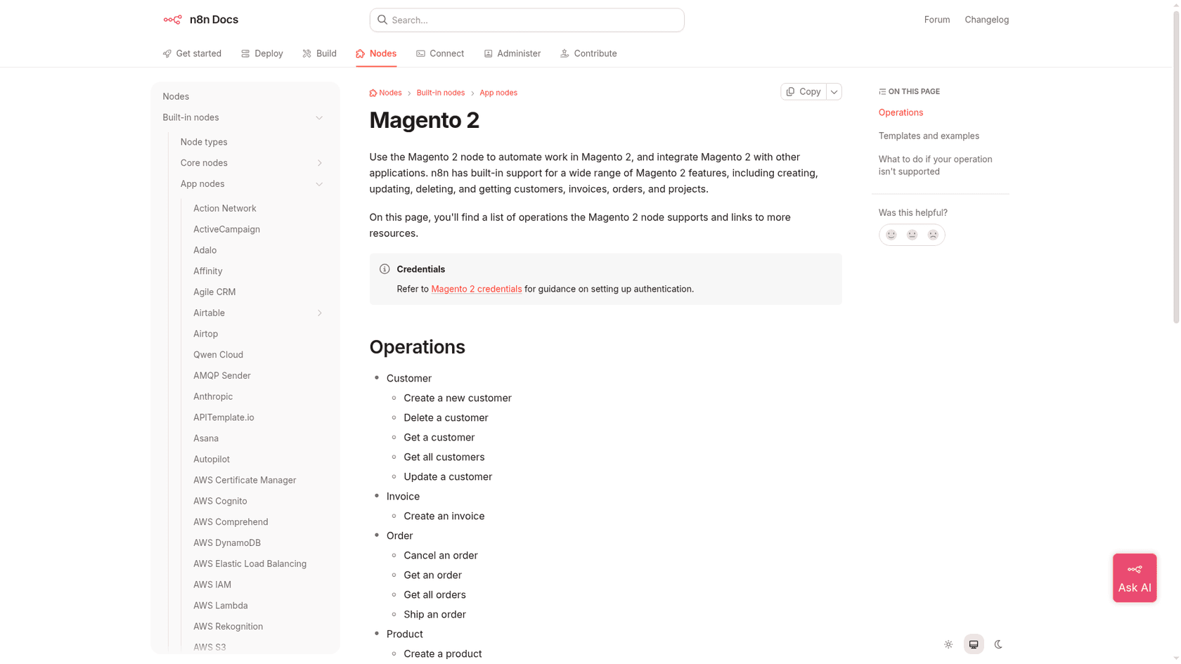 The n8n docs page for the Magento 2 node listing its customer, invoice, order and product operations, as taken from n8n docs