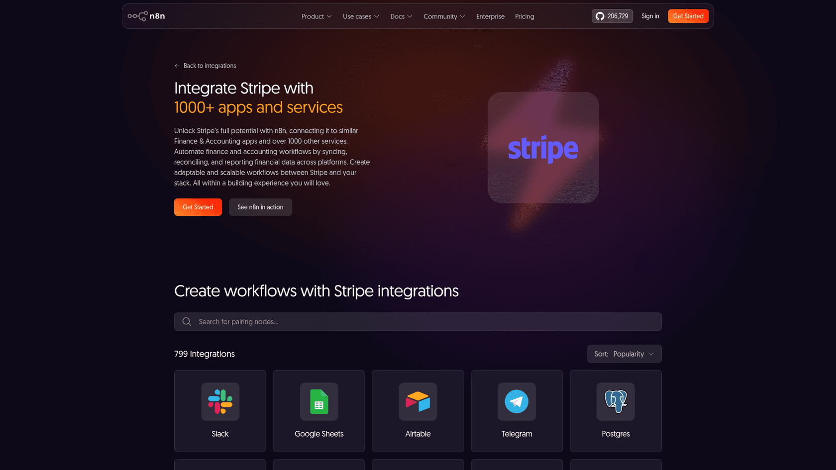 n8n's Stripe integration page showing 799 pairing integrations, as taken from n8n.io
