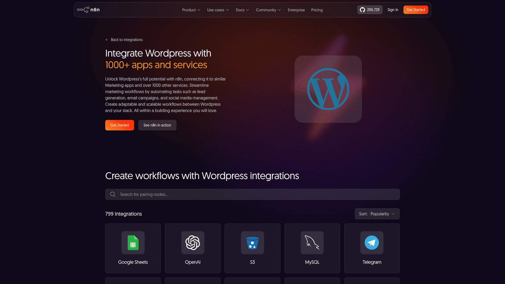 The n8n WordPress integration page, listing 1000+ apps and services that pair with WordPress, as taken from n8n