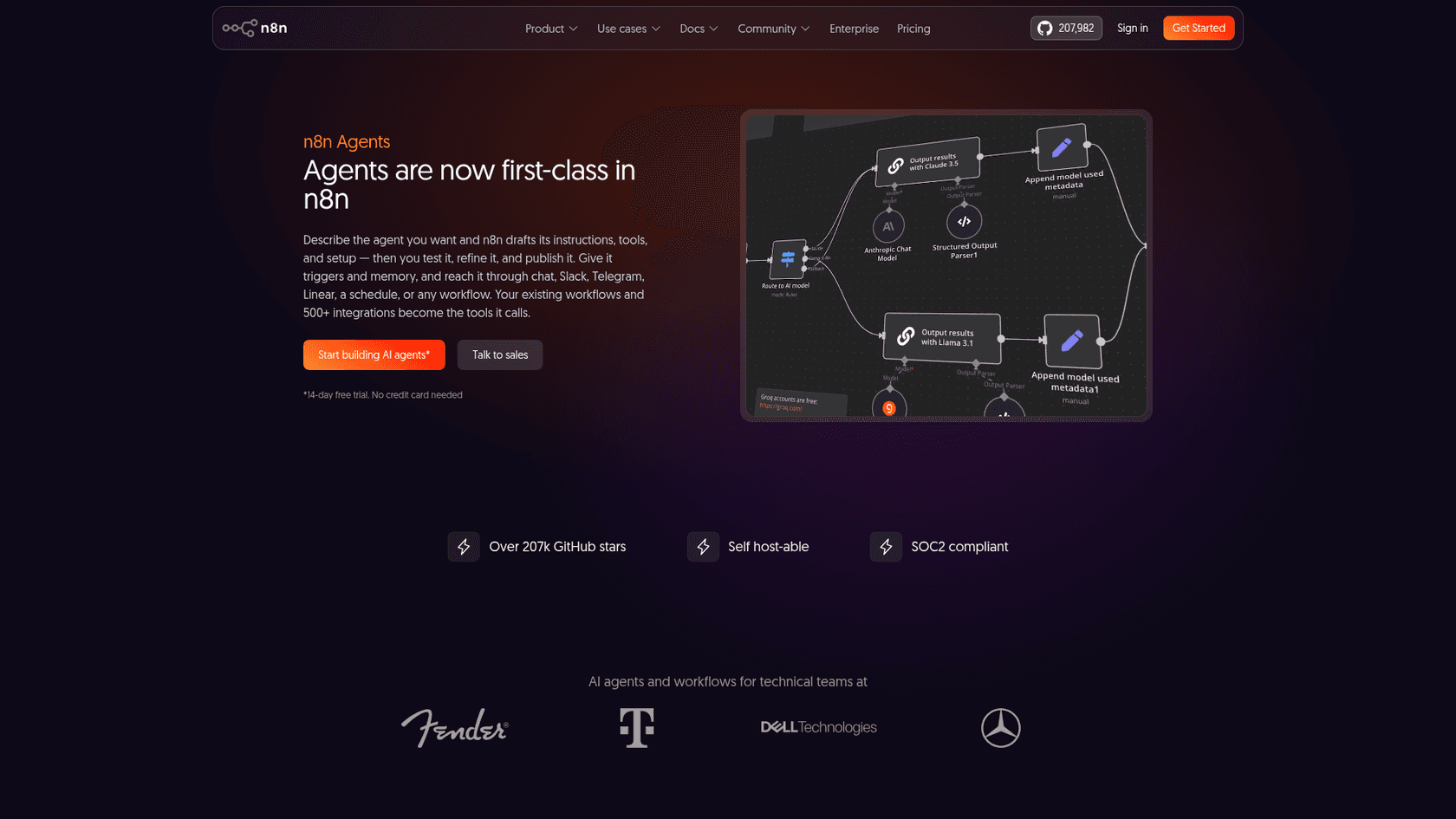 La página de agentes de IA de n8n con el titular "Agents are now first-class in n8n", una vista previa del lienzo de workflows y 207k estrellas en GitHub, tomada de n8n