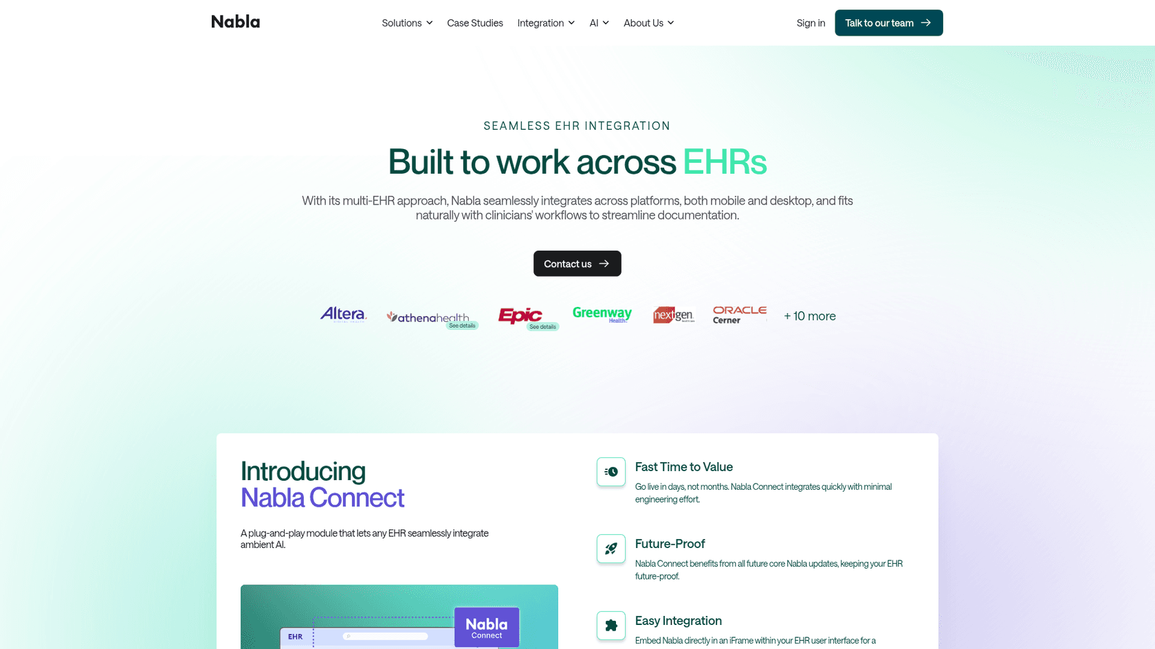 Nabla EHR page listing athenahealth, Epic, Greenway, NextGen and Oracle and introducing Nabla Connect, as taken from Nabla