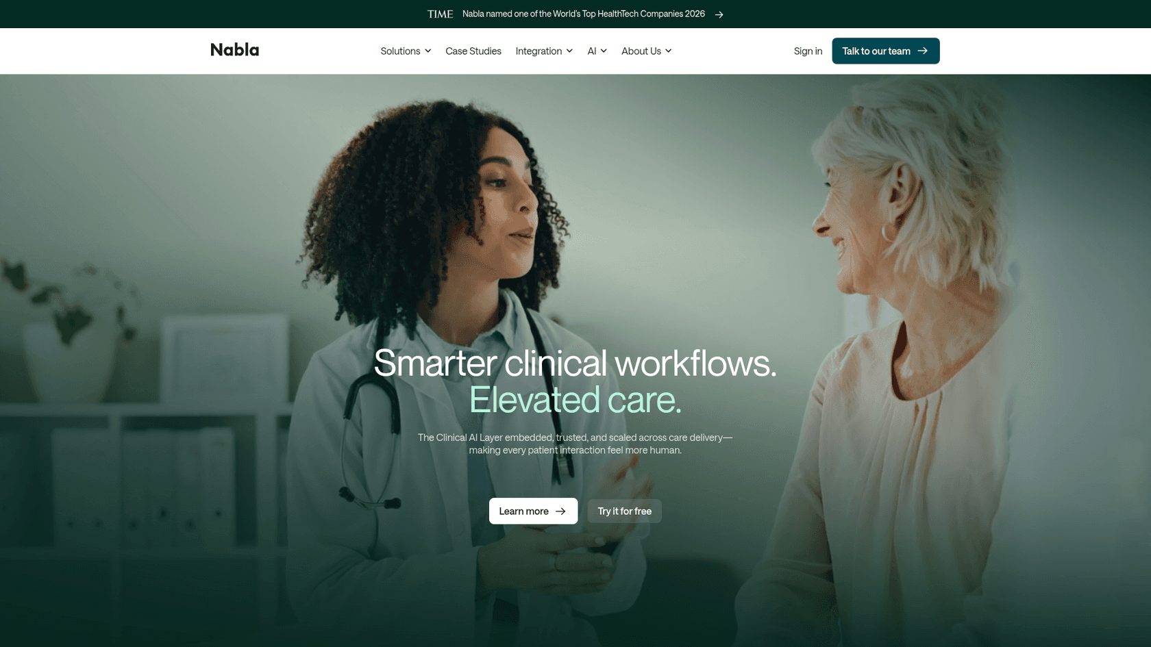 Nabla homepage with Try it for free and Talk to our team buttons and no price list, as taken from Nabla